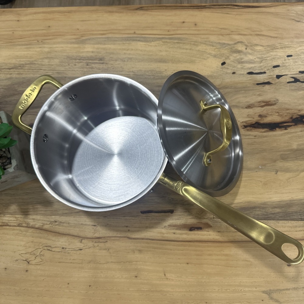 Made-In Cookware Italy 4 qt Stainless Saucepan Gold Handle W/Lid NEW